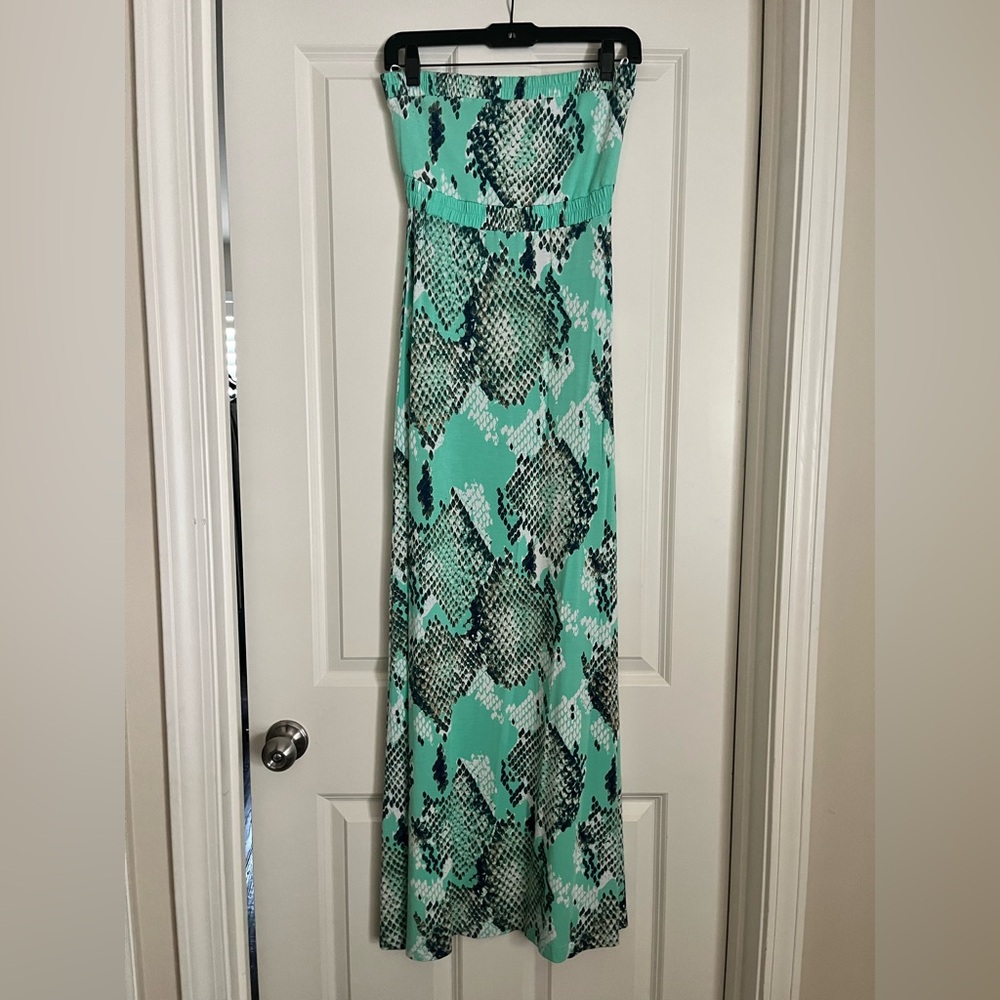 Teal Strapless Snake Print Maxi Dress - Sz M